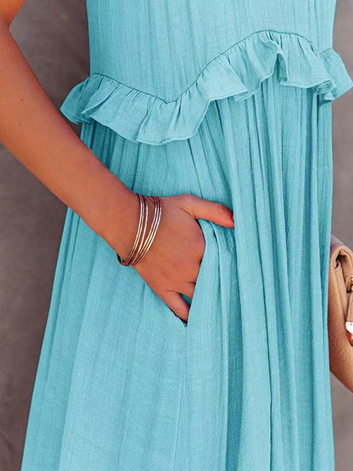 Ruffled Sleeveless Tiered Maxi Dress with Pockets - Elegant Aura Boutique