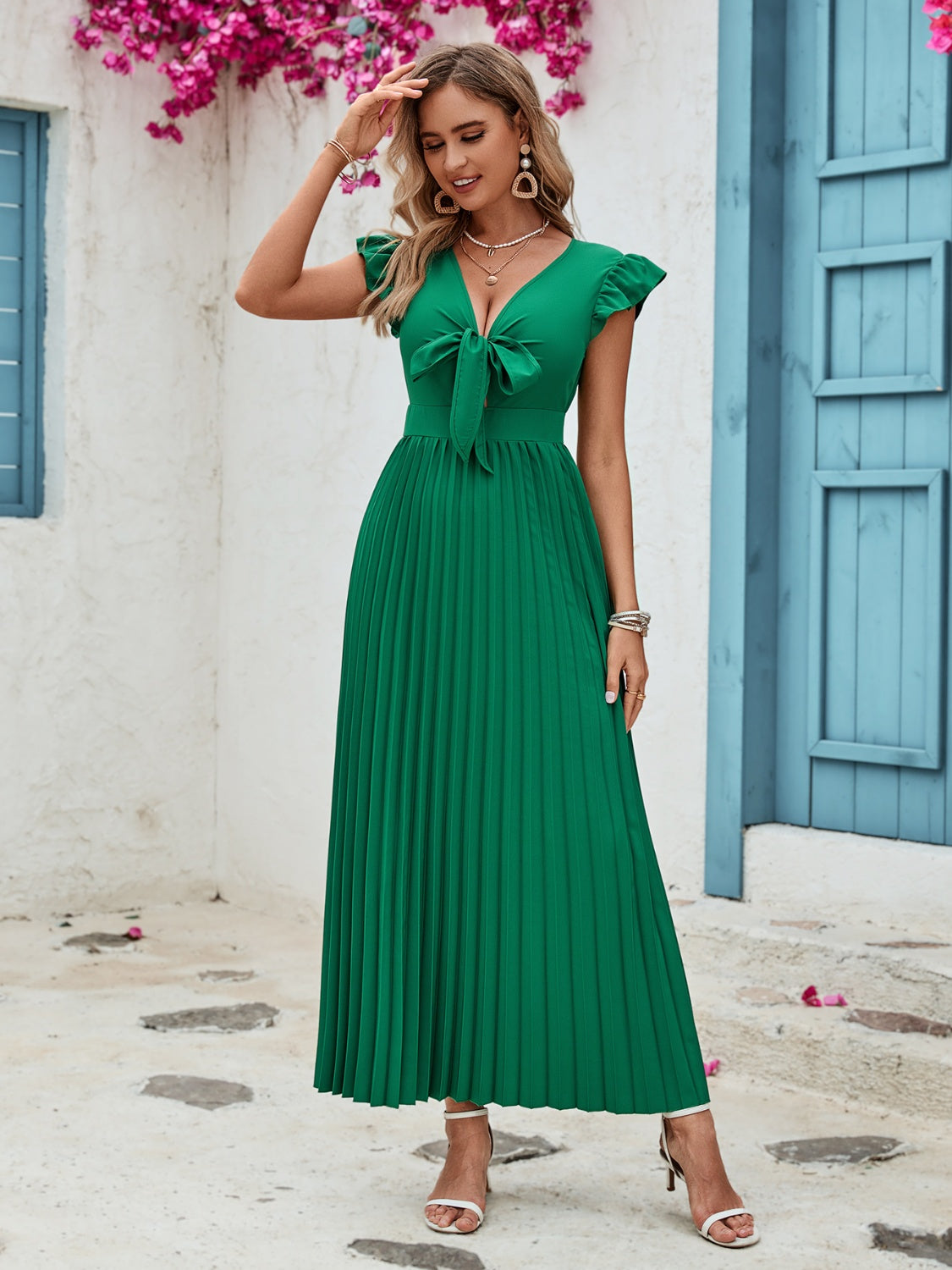 Tied V-Neck Pleated Dress