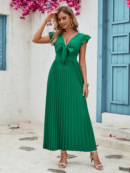 Tied V-Neck Pleated Dress