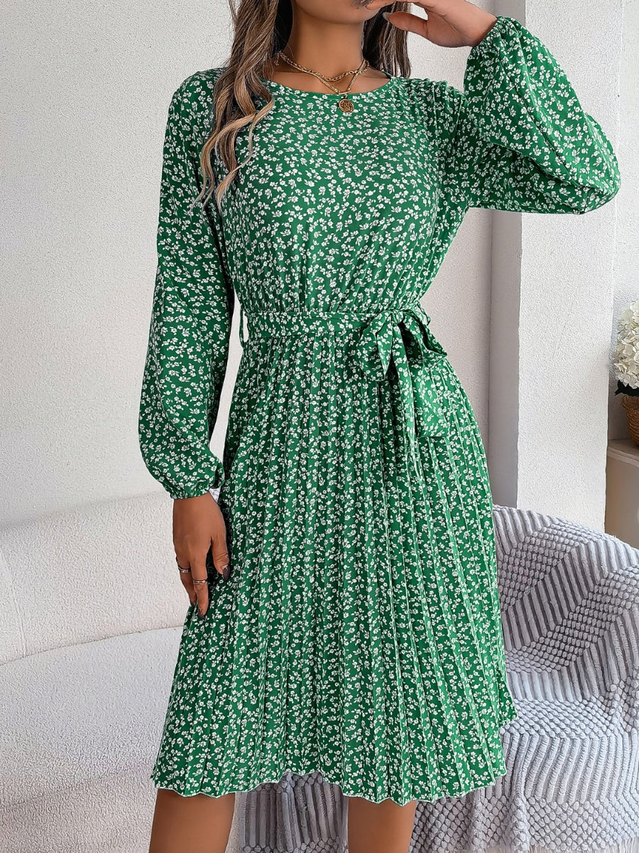 Floral Tie Waist Pleated Dress