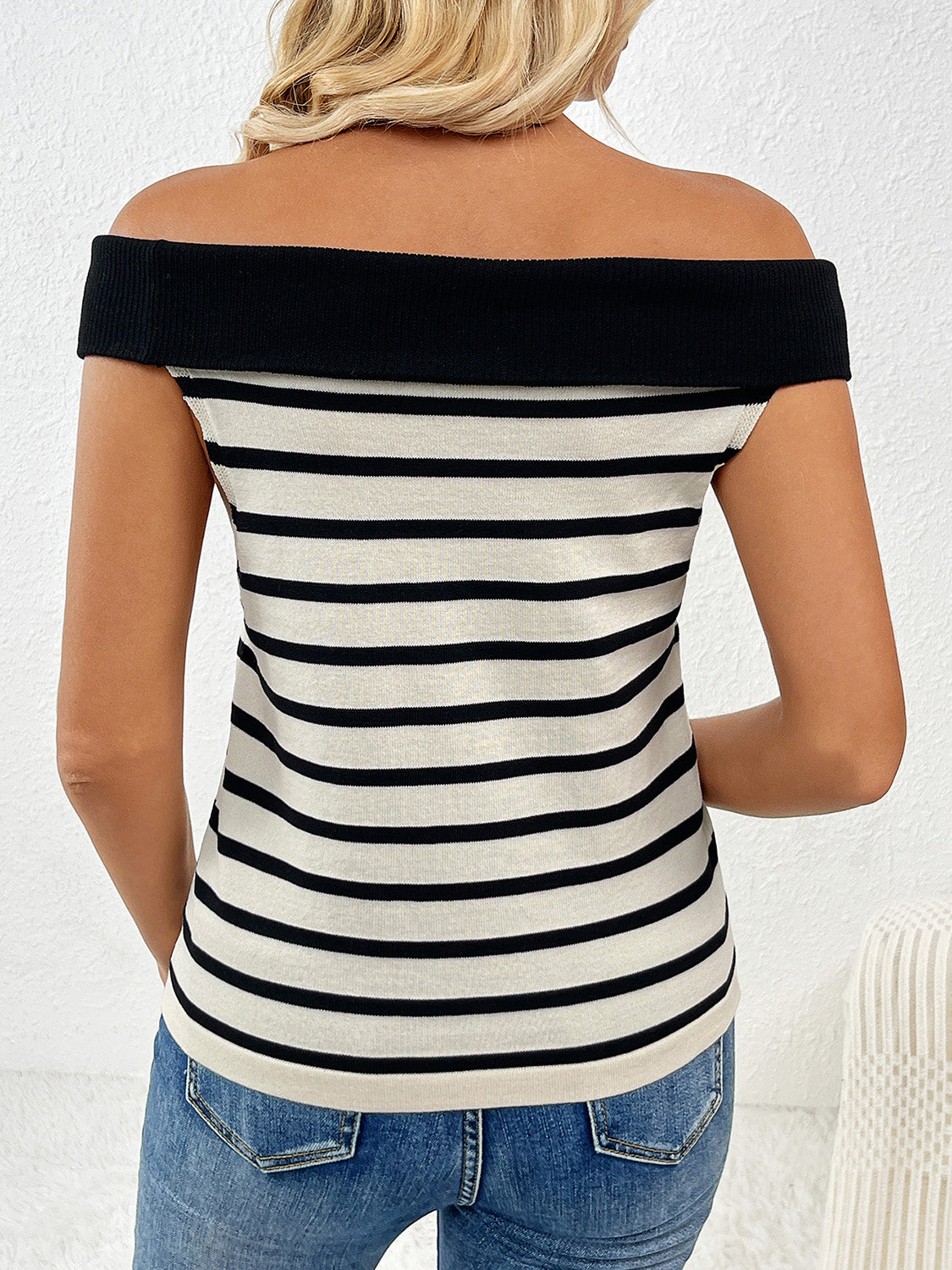 Decorative Striped Off-Shoulder Knit Top