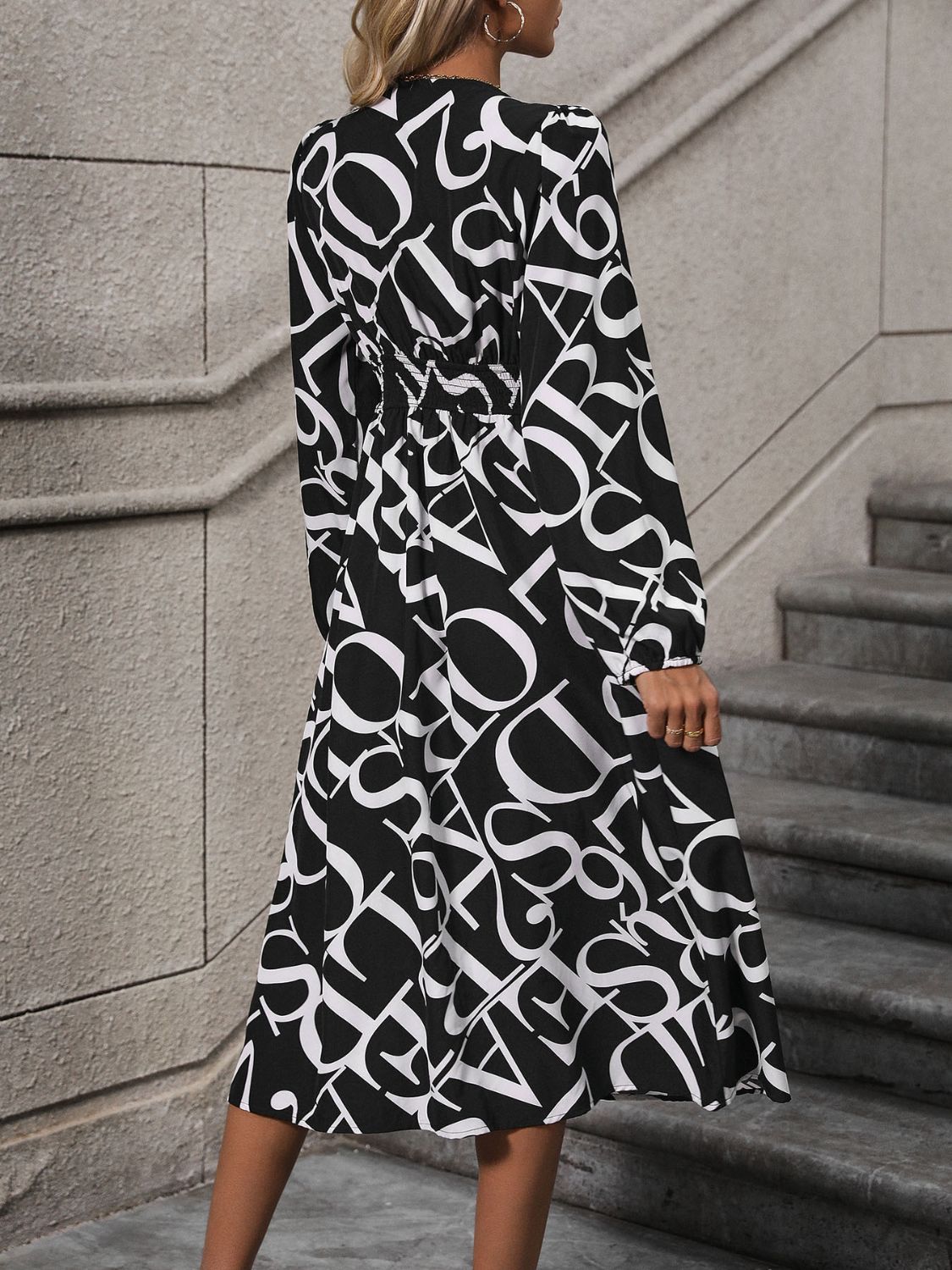 V-Neck Long Sleeve Midi Dress