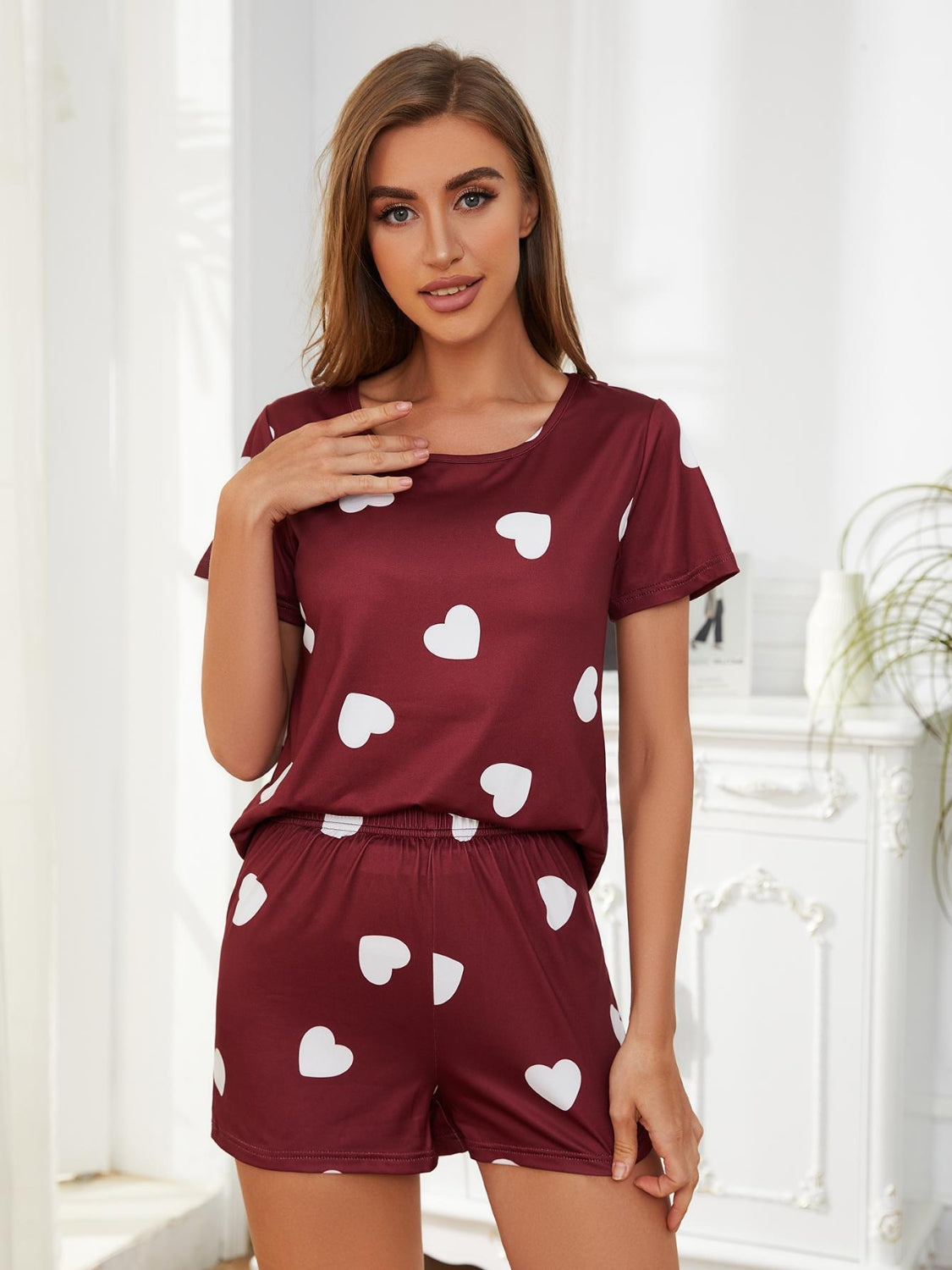 Heart Round Neck Top and Shorts Lounge Set - Elegant Aura Boutique