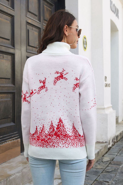 Reindeer & Snow Pattern Turtle Neck Sweater