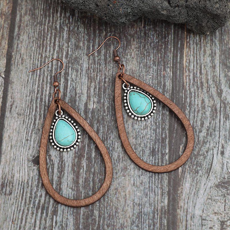 Wooden Turquoise Teardrop Earrings