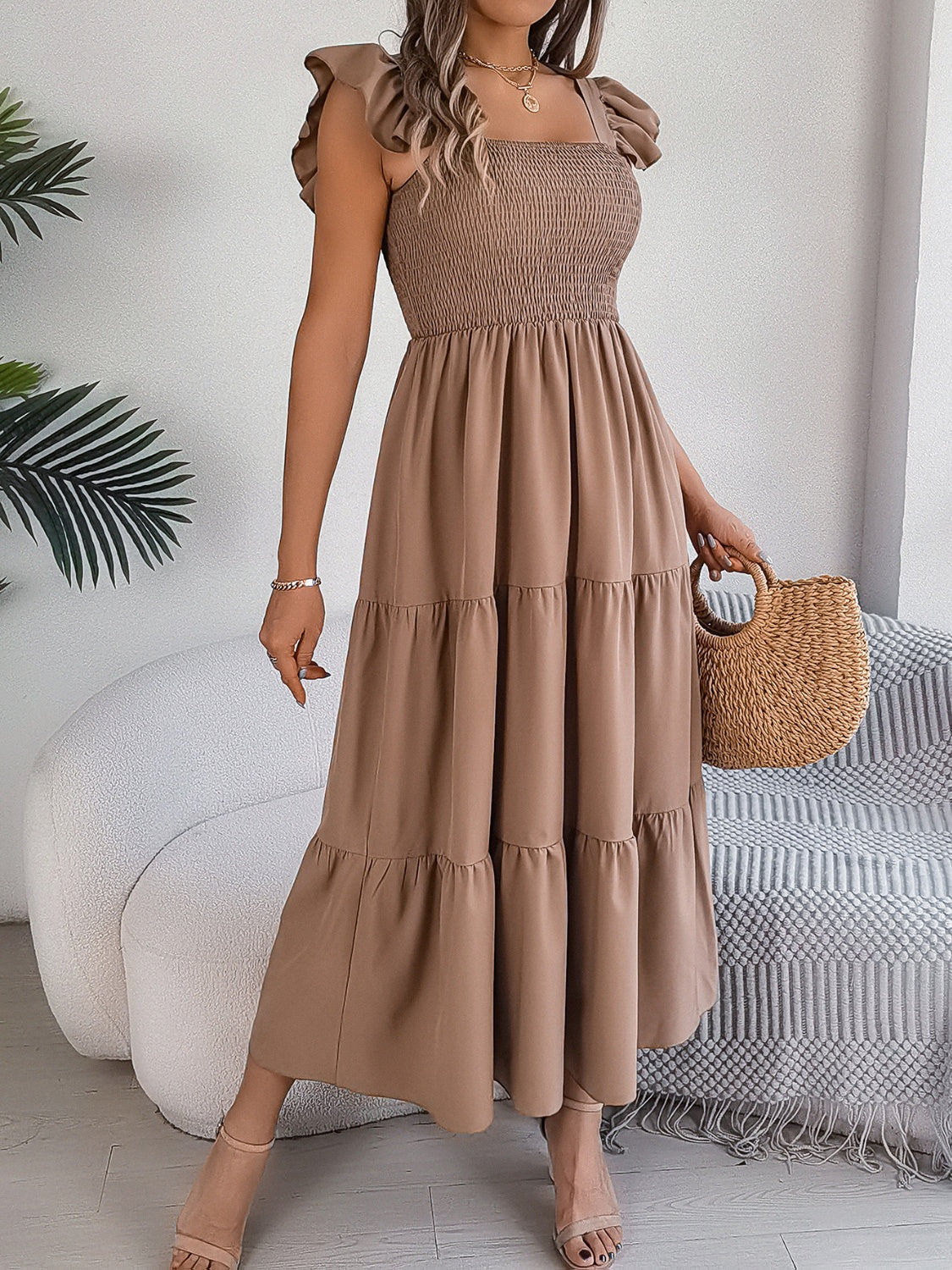 Smocked Square Neck Cap Sleeve Midi Dress - Elegant Aura Boutique