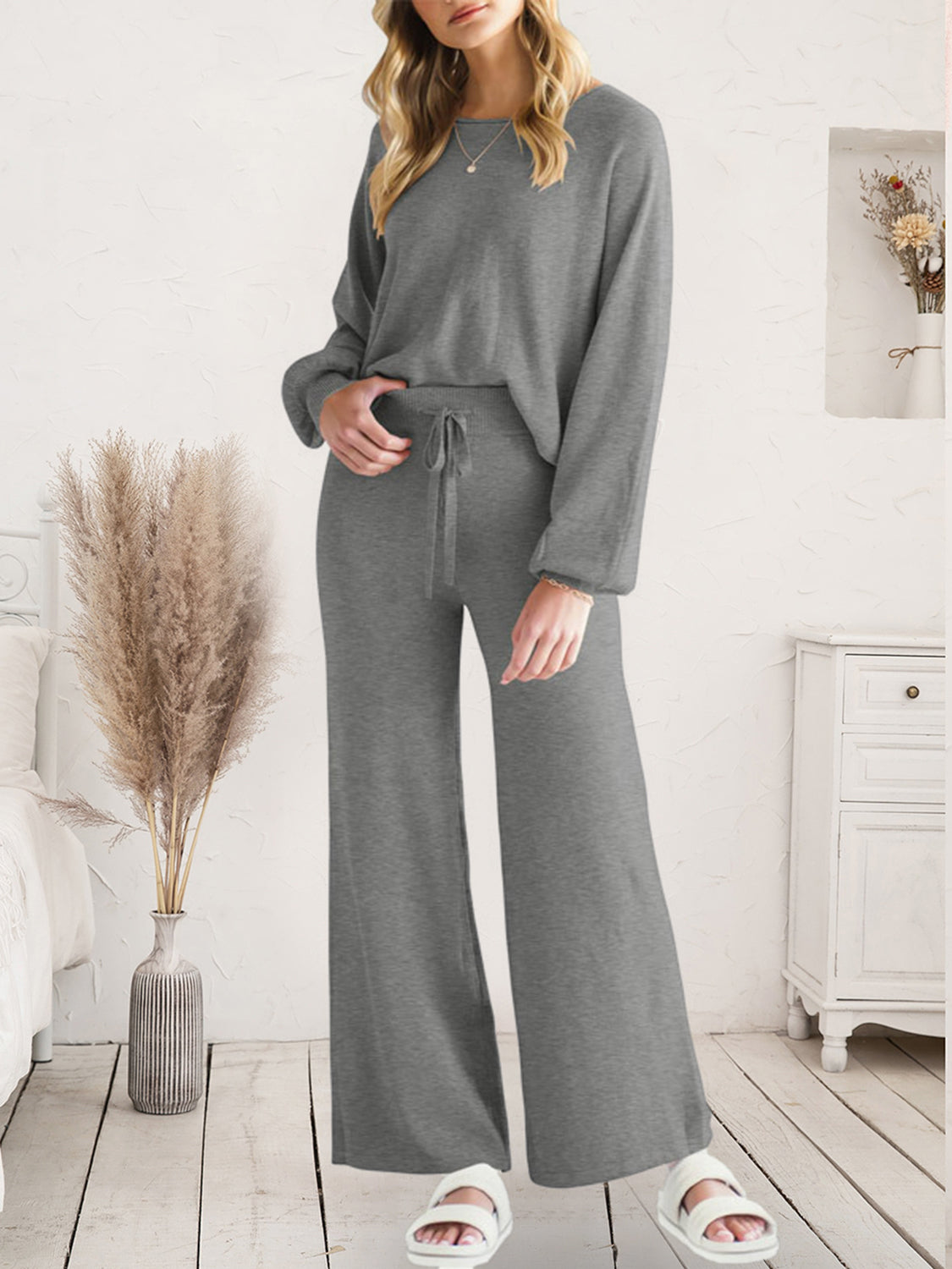 Long Sleeve Lounge Top with Drawstring Pants Set