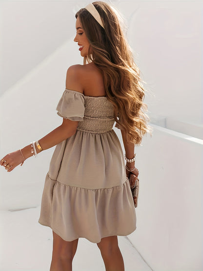 Full Size Ruffled Off-Shoulder Short Sleeve Dress - Elegant Aura Boutique