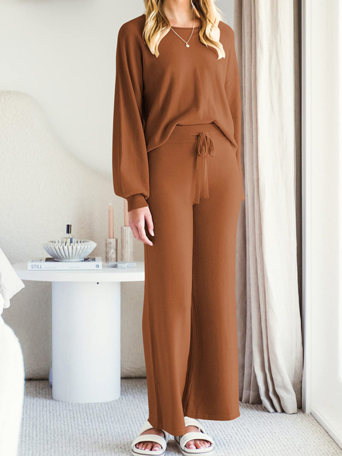 Long Sleeve Lounge Top with Drawstring Pants Set