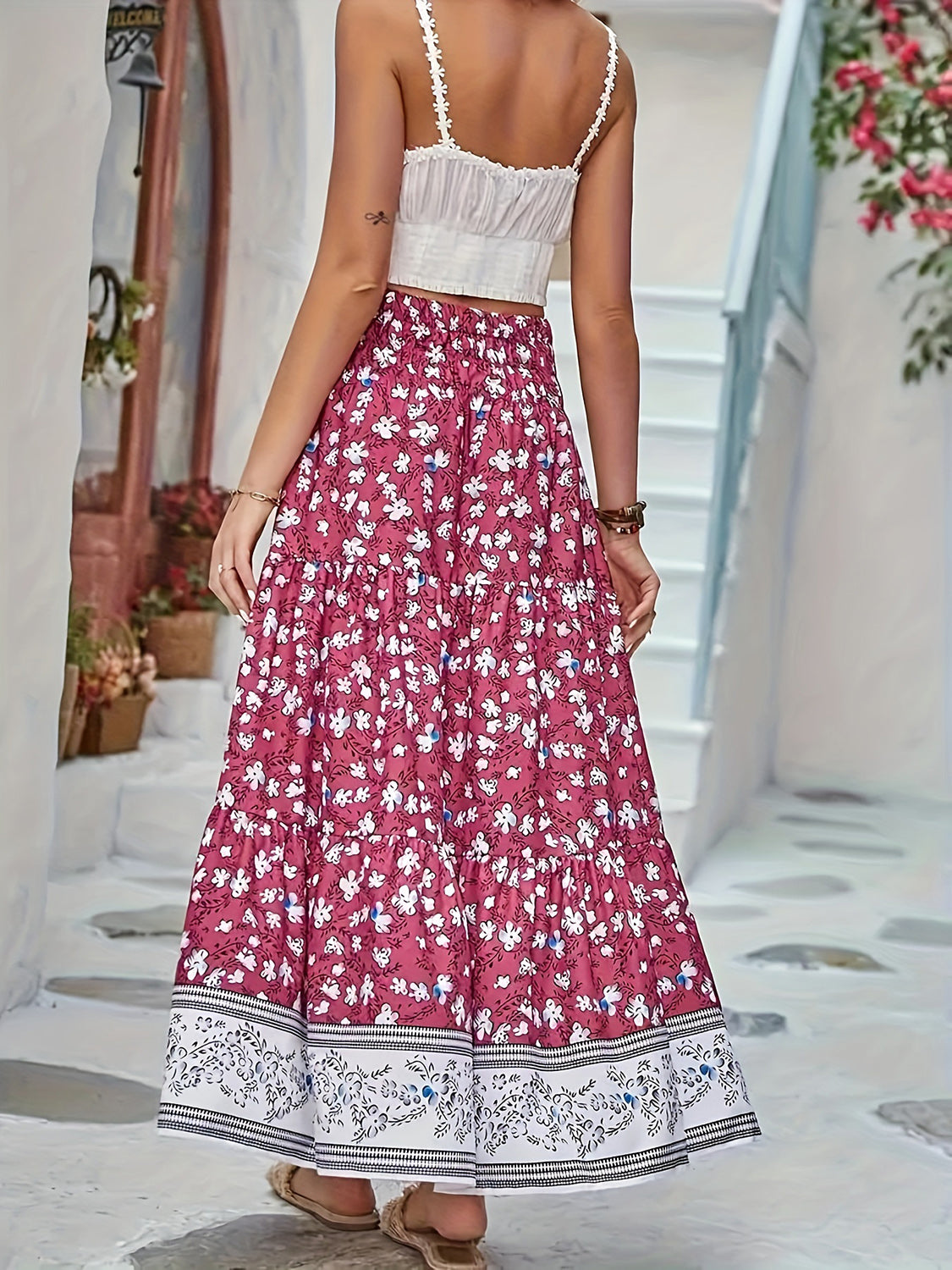 Full Size Tiered Printed Elastic Waist Skirt - Elegant Aura Boutique