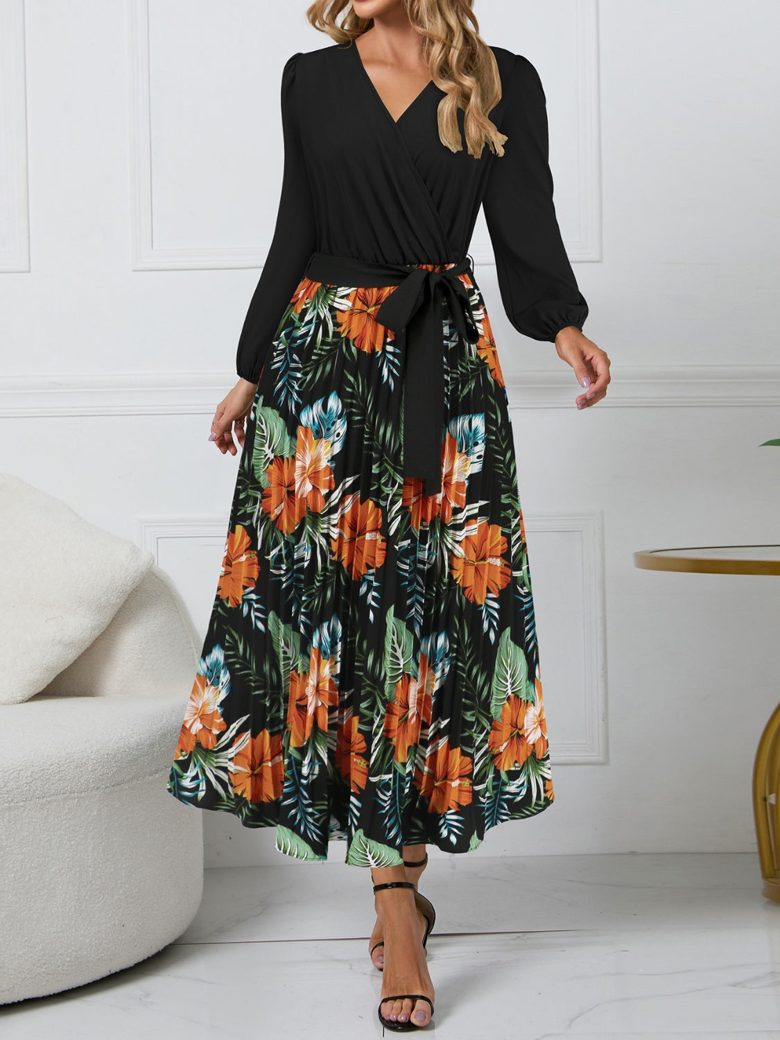 Printed Surplice Long Sleeve Dress