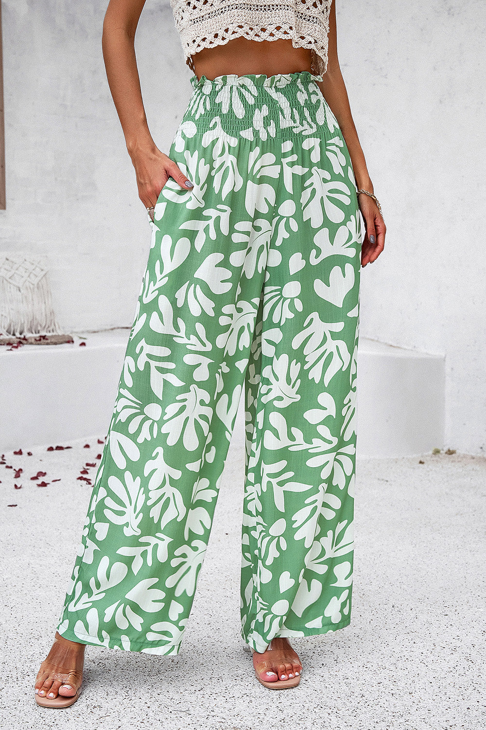 Asymetrical Printed Wide Leg Pants with Pockets - Elegant Aura Boutique