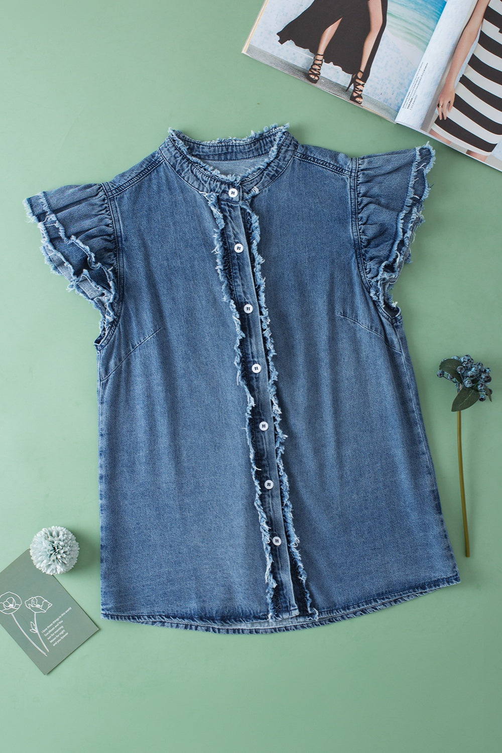 Raw Hem Button Up Denim Top