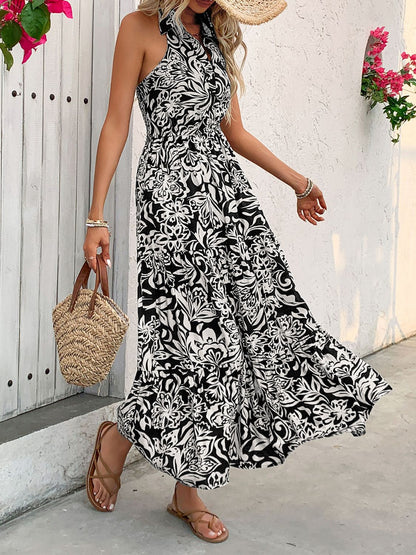 Backless Smocked Printed Midi Dress