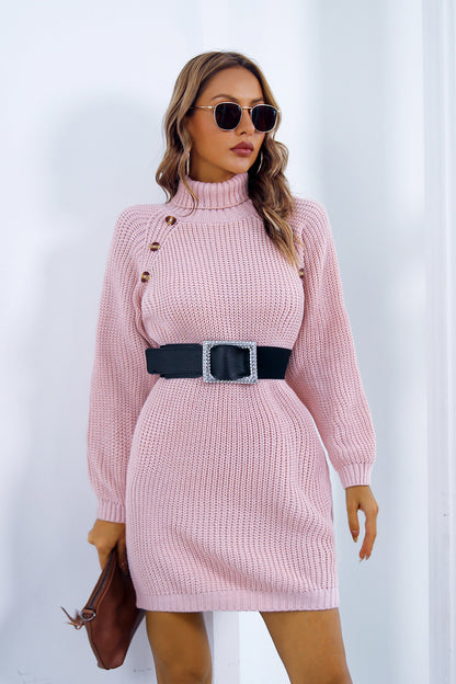 Buttoned Turtleneck Long Sleeve Dress