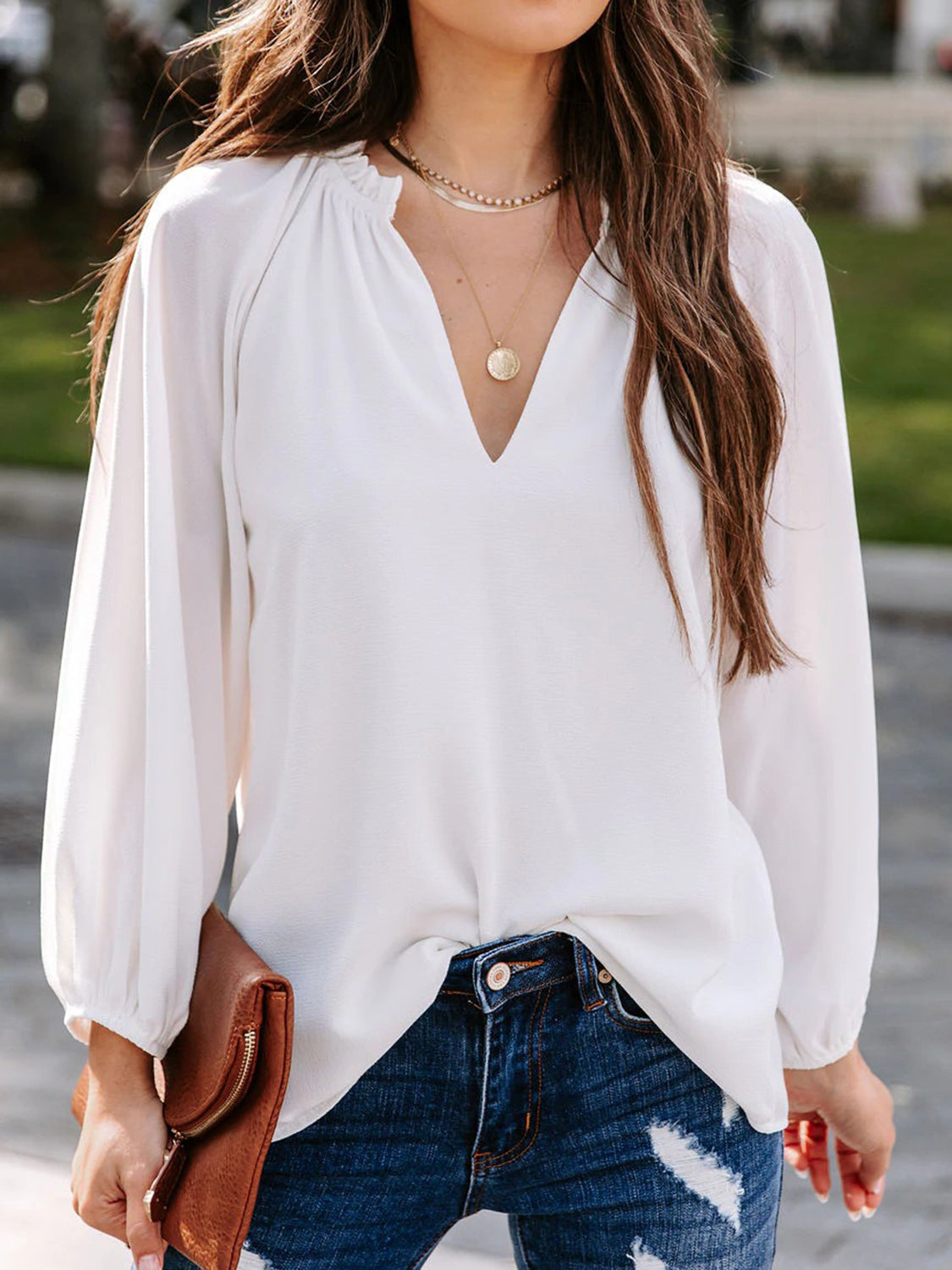 Notched Long Sleeve Blouse