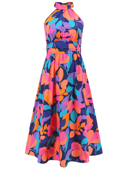 Ruched Printed Halter Neck Sleeveless Dress - Elegant Aura Boutique