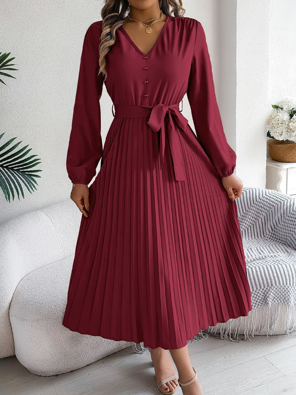 Pleated V-Neck Long Sleeve Dress