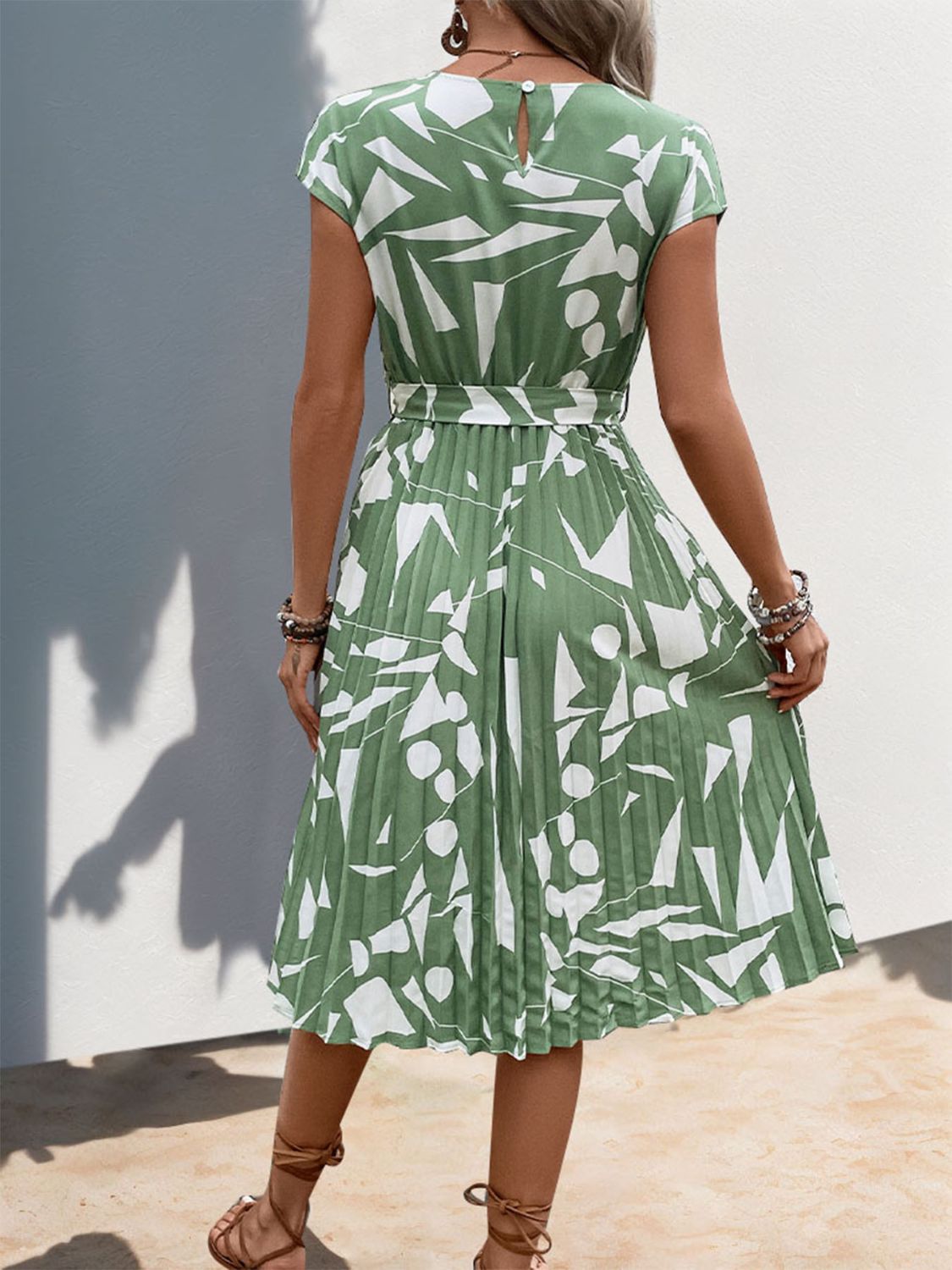 Pleated Printed Cap Sleeve Dress