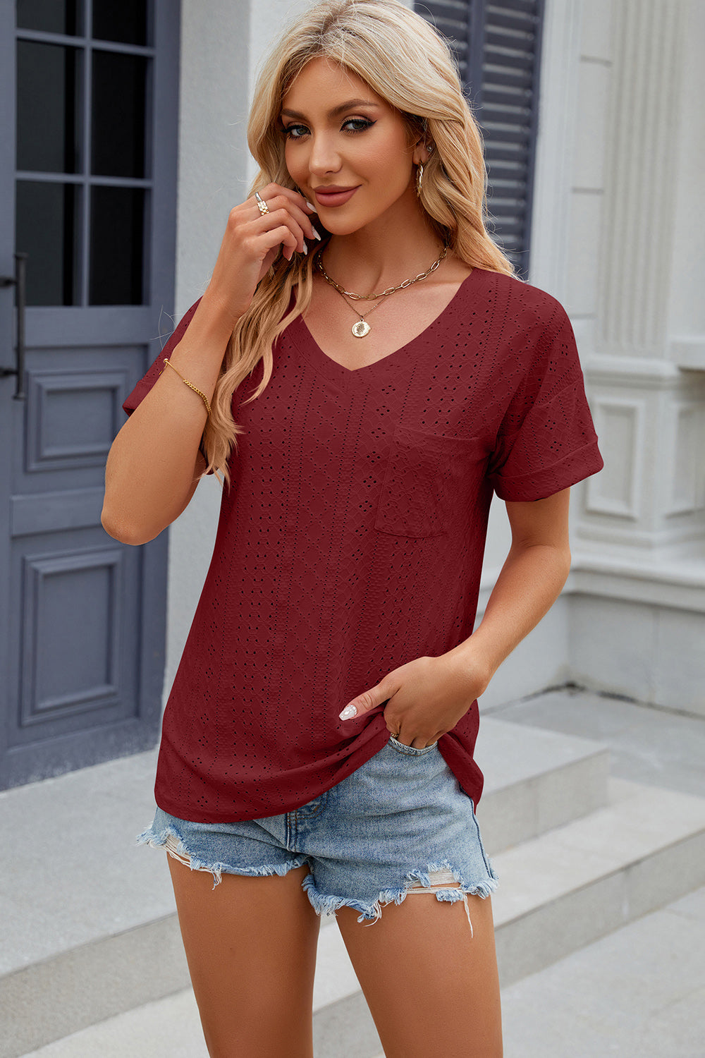 Eyelet V-Neck Short Sleeve Blouse