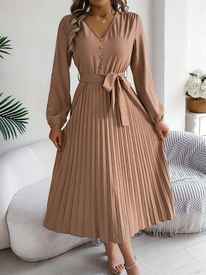 Pleated V-Neck Long Sleeve Dress