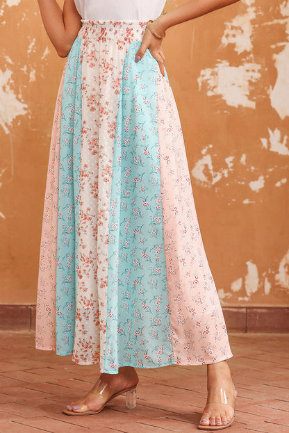 Floral Color Block Smocked Waist Maxi Skirt - Elegant Aura Boutique