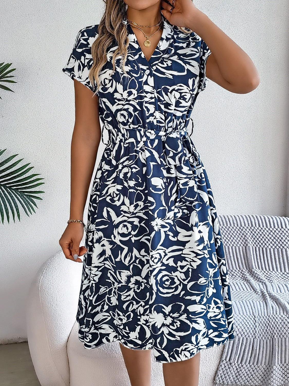 Printed V-Neck Short Sleeve Dress - Elegant Aura Boutique