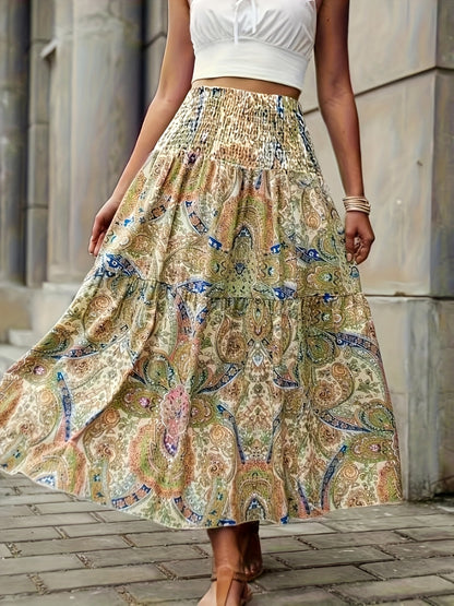 Full Size Tiered Smocked Printed High Waist Skirt - Elegant Aura Boutique