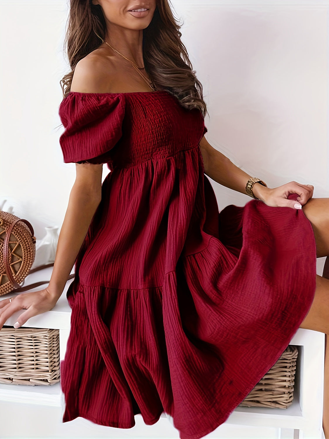 Full Size Ruffled Off-Shoulder Short Sleeve Dress - Elegant Aura Boutique