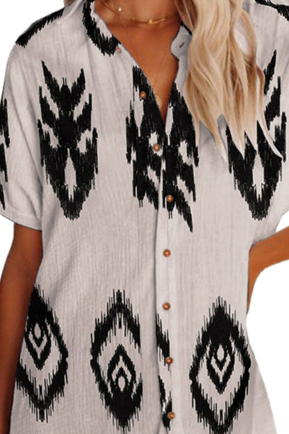 Geometric Button Up Short Sleeve Cover Up