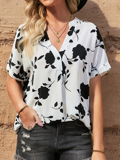 Printed Notched Short Sleeve Blouse