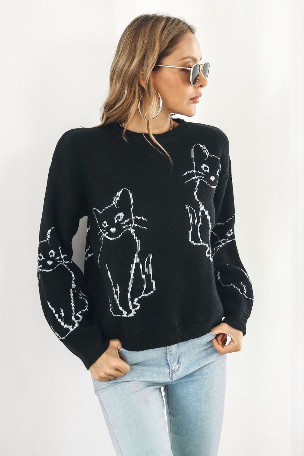 Cat Pattern Round Neck Sweater