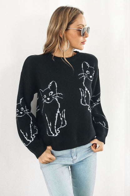 Cat Pattern Round Neck Sweater