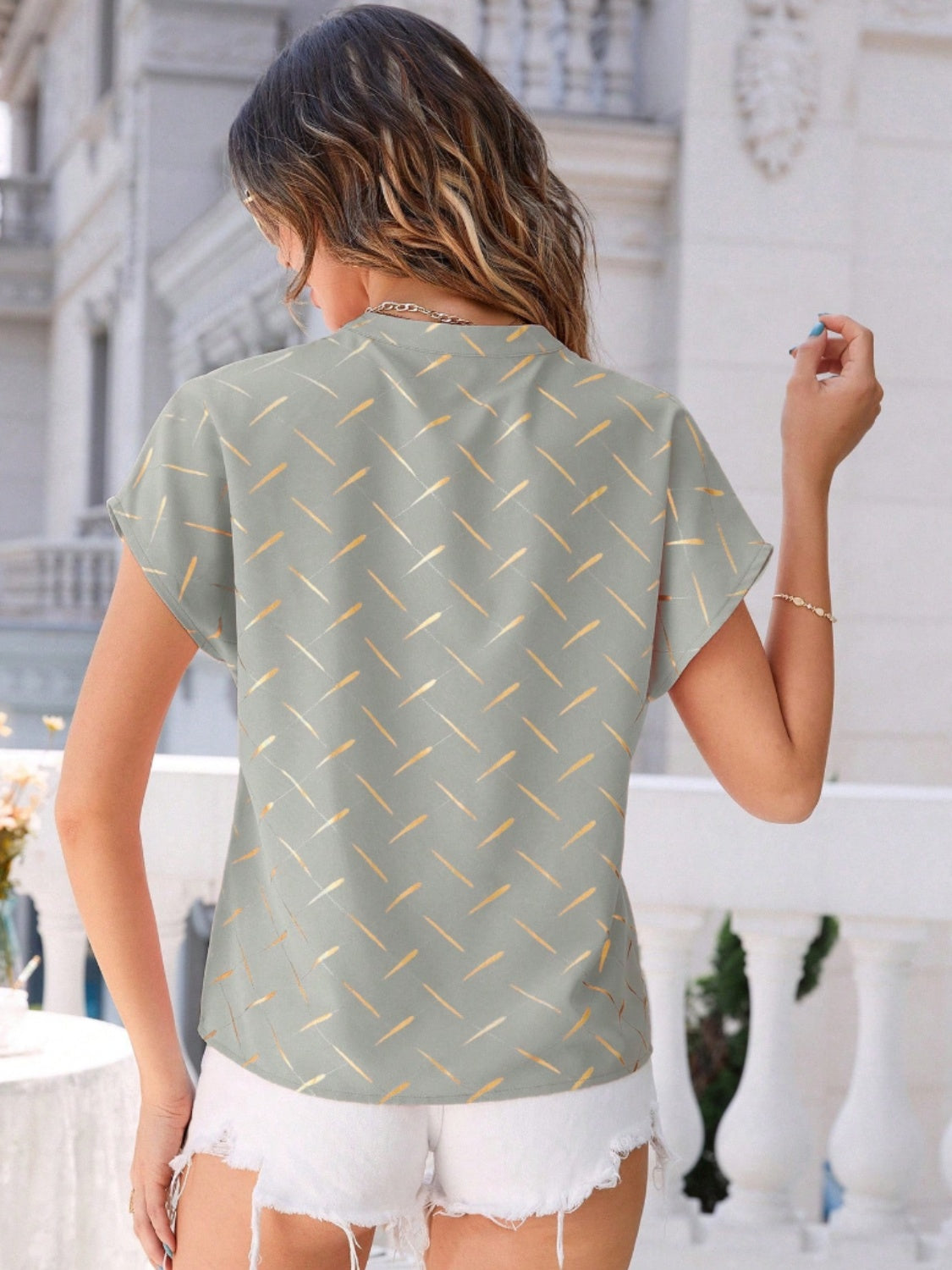 Stylish Print Notched Short Sleeve Blouse