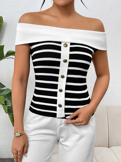 Decorative Striped Off-Shoulder Knit Top