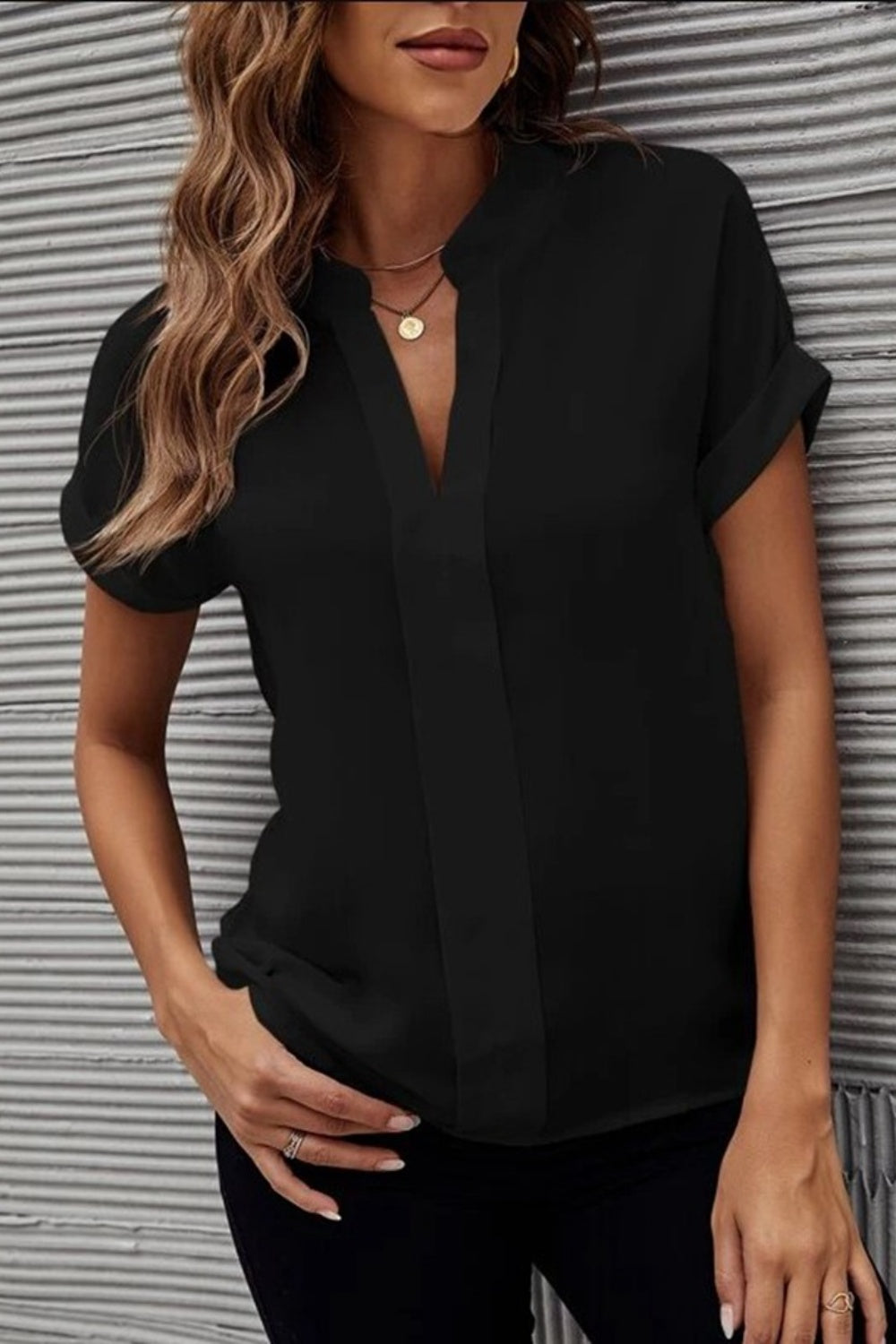 Elegant Notched Short Sleeve Blouse