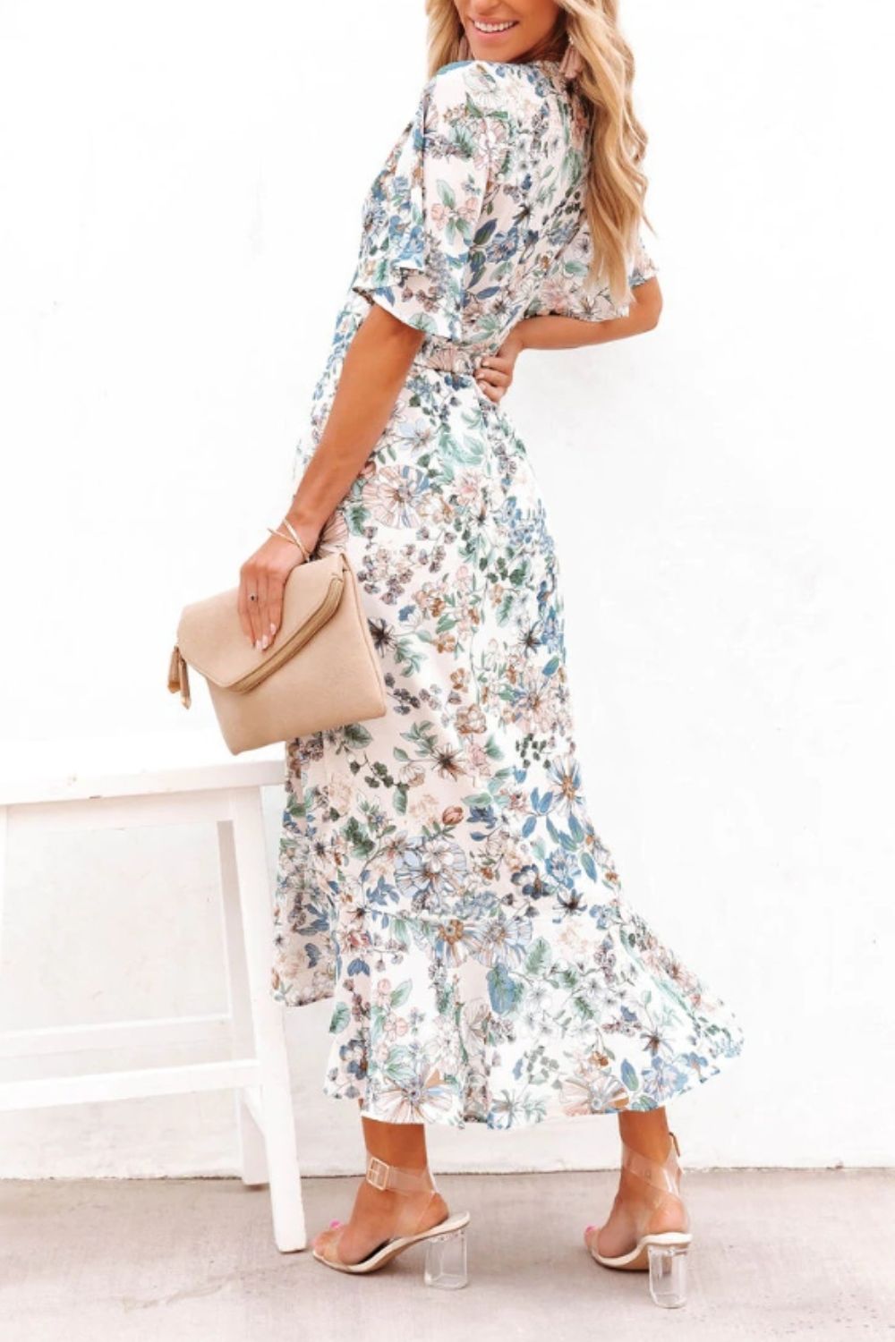 Printed Surplice Flutter Sleeve Midi Dress