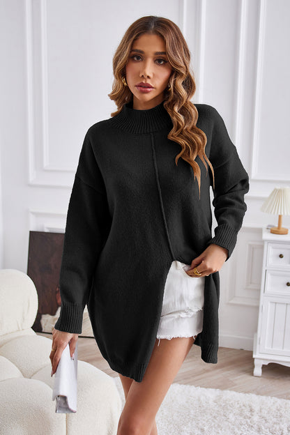 Mock Neck Slit Sweater