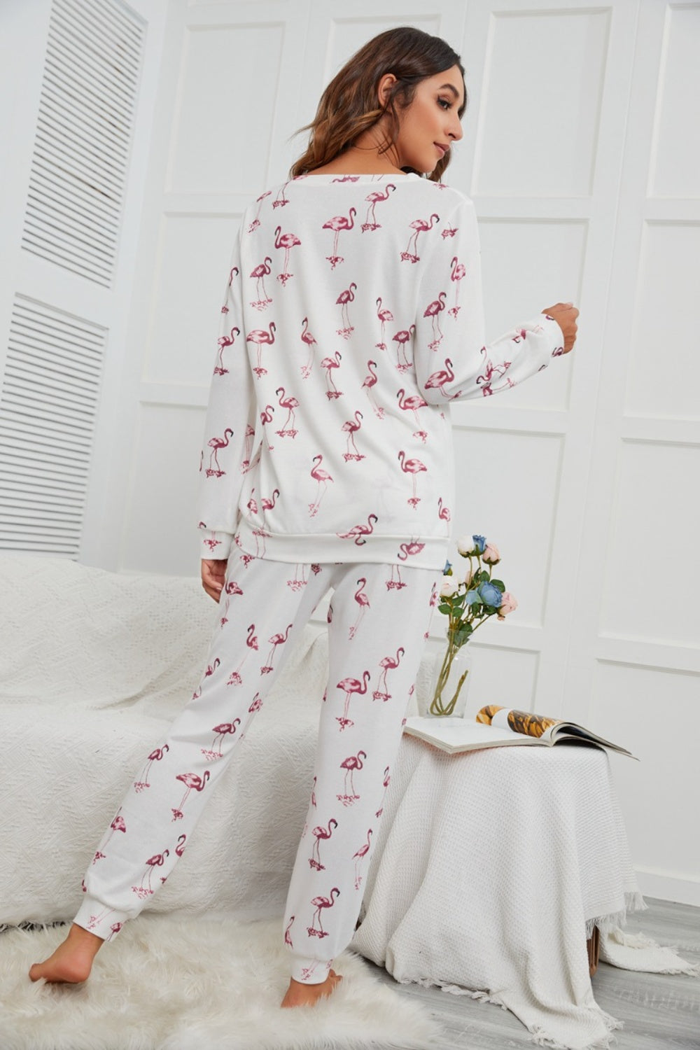 Flamingo Long Sleeve Top and Pants Lounge Set - Elegant Aura Boutique