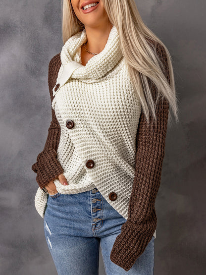 Contrast Button Turtleneck Sweater