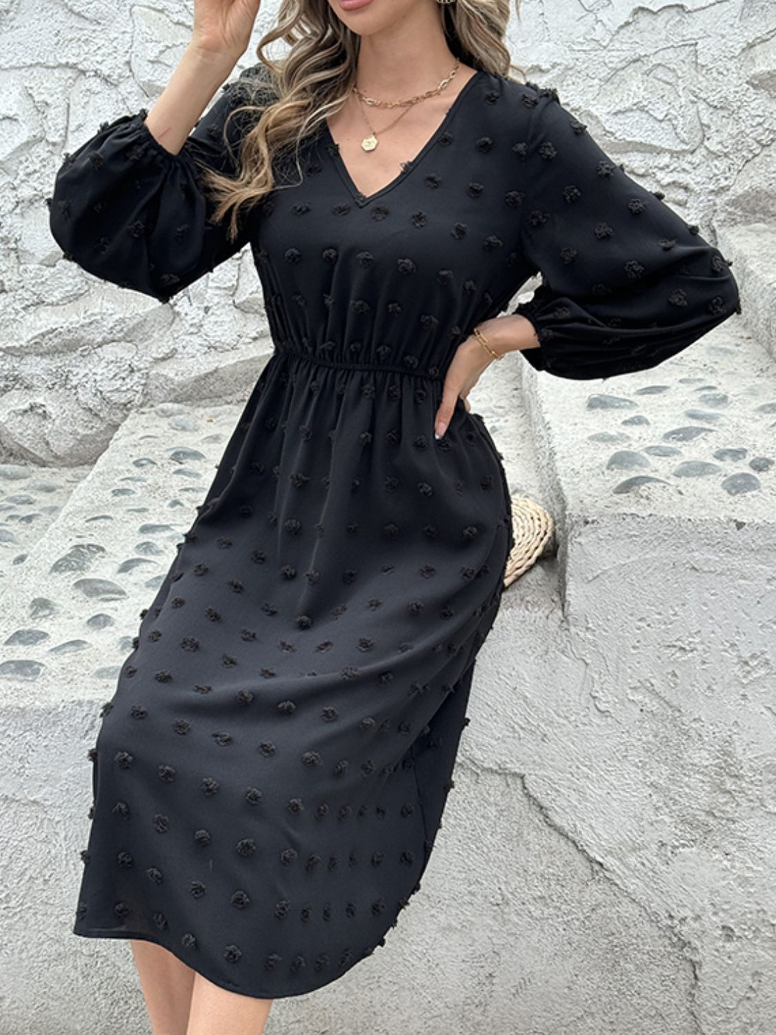 Swiss Dot V-Neck Long Sleeve Midi Dress