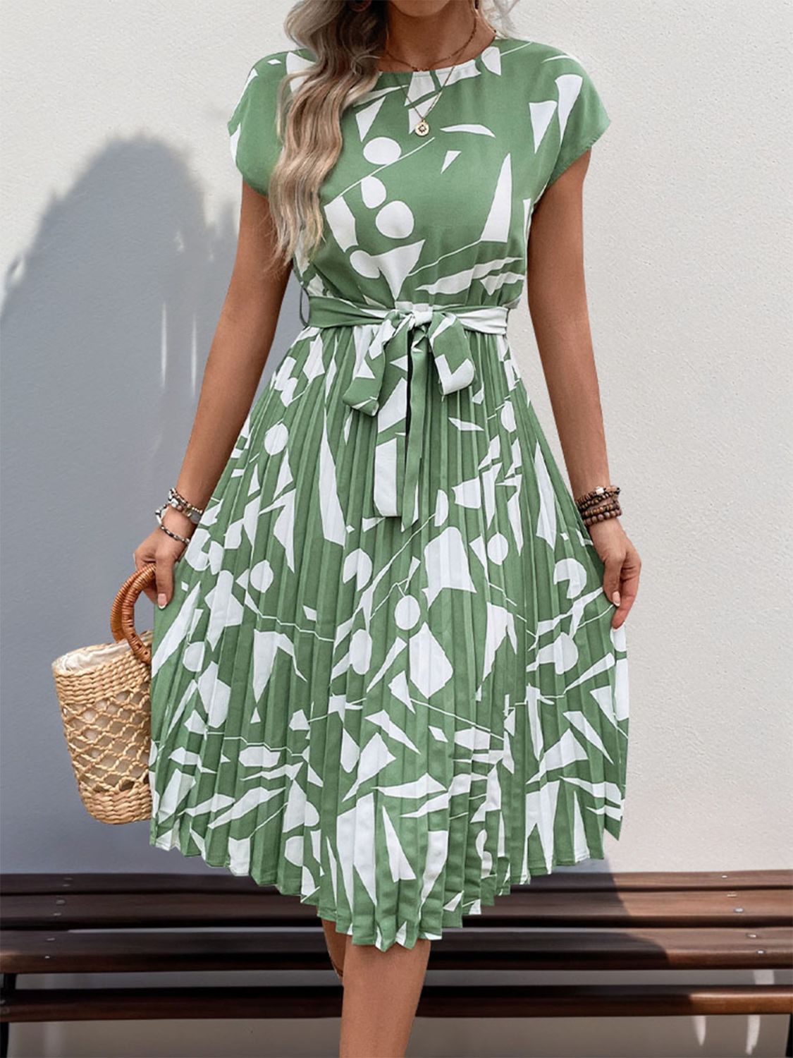 Pleated Printed Cap Sleeve Dress