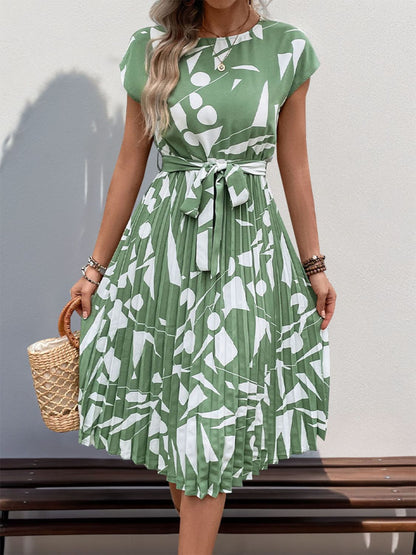 Pleated Printed Cap Sleeve Dress