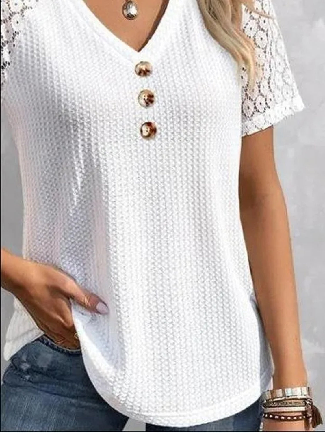 Waffle-Knit V-Neck Blouse