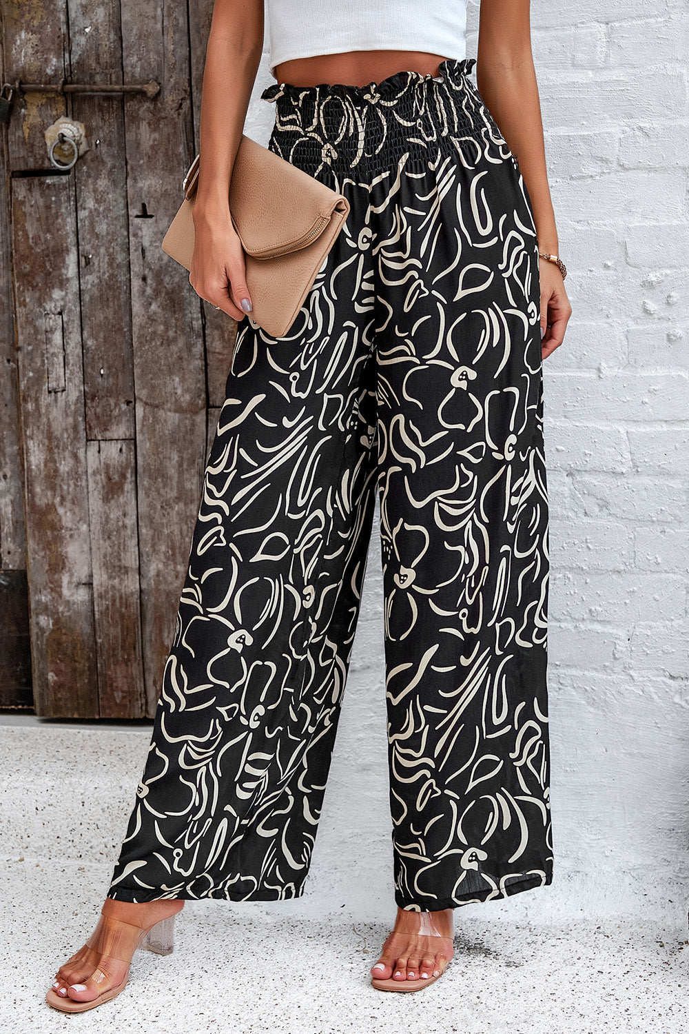 Asymetrical Printed Wide Leg Pants with Pockets - Elegant Aura Boutique