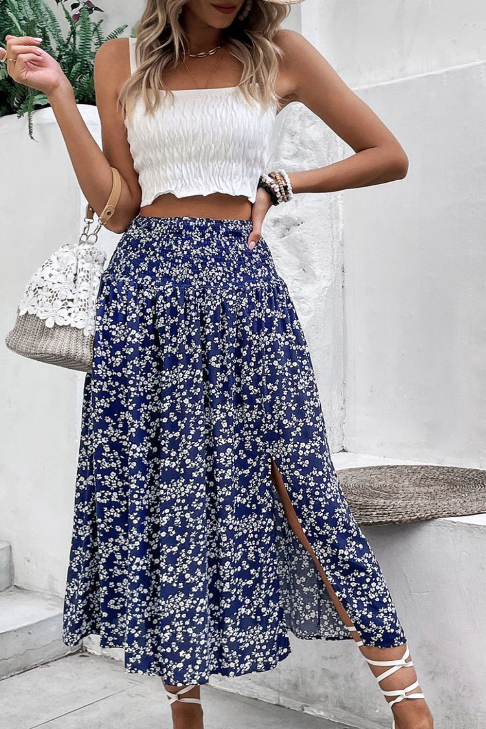 Ditsy Floral Slit High Waist Skirt - Elegant Aura Boutique