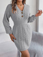 Buttoned Cable-Knit V-Neck Dress