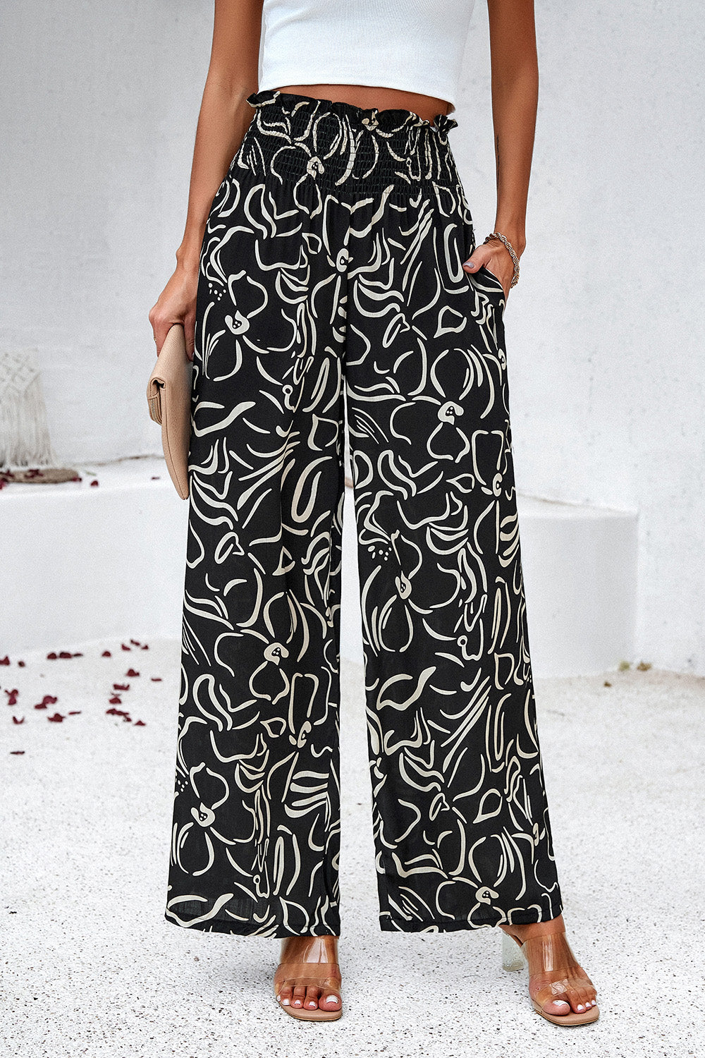 Asymetrical Printed Wide Leg Pants with Pockets - Elegant Aura Boutique