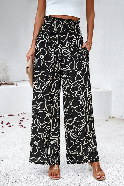 Asymetrical Printed Wide Leg Pants with Pockets - Elegant Aura Boutique