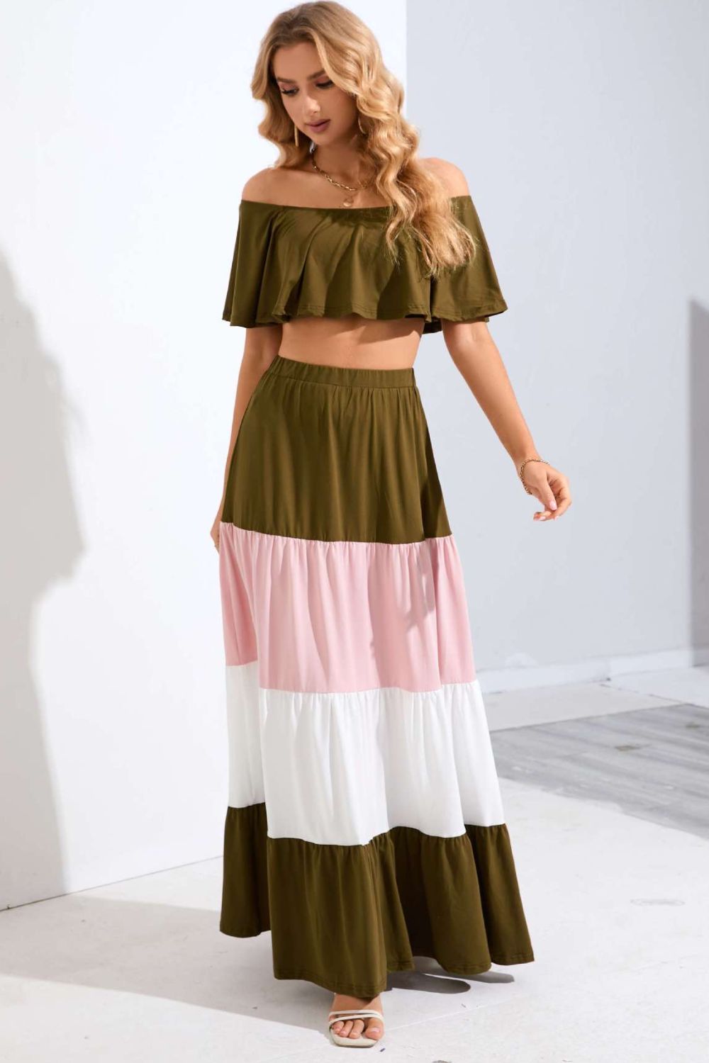 Off-Shoulder Color Block Tiered Skirt Set - Elegant Aura Boutique